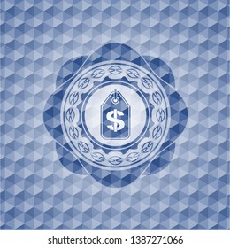 money tag icon inside blue hexagon badge.