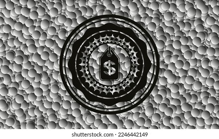 money tag icon inside dark emblem with grey bubbles background. Retro. Vector Illustration. Detailed. 