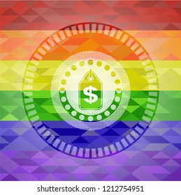 money tag icon inside emblem on mosaic background with the colors of the LGBT flag