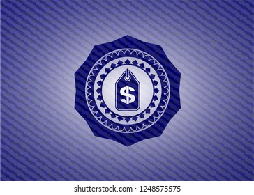 money tag icon inside emblem with denim high quality background