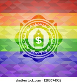 money tag icon inside emblem on mosaic background with the colors of the LGBT flag