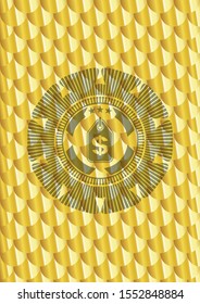 money tag icon inside gold emblem. Scales pattern. Vector Illustration. Detailed.