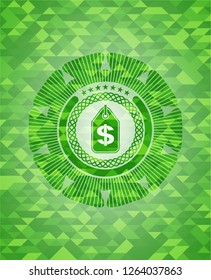 money tag icon inside green emblem. Mosaic background
