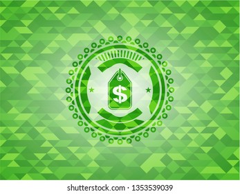 money tag icon inside green emblem with mosaic background