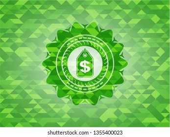 money tag icon inside green emblem. Mosaic background