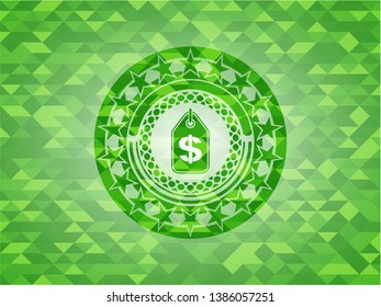 money tag icon inside green emblem with triangle mosaic background