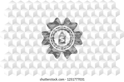 money tag icon inside grey icon or emblem with geometric cube white background