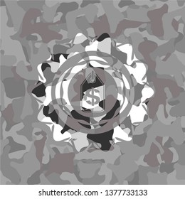 money tag icon inside grey camouflaged emblem