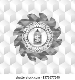 money tag icon inside grey emblem with geometric cube white background