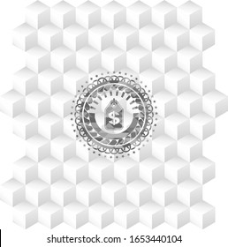 icono de etiqueta de dinero dentro del emblema gris con fondo blanco de cubo geométrico