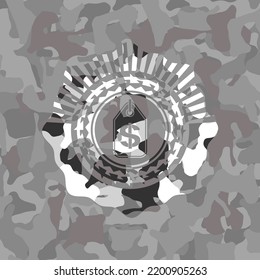 money tag icon inside grey camouflaged emblem. 
