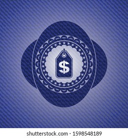 money tag icon inside jean or denim emblem or badge background