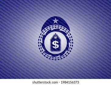 money tag icon inside jean background. 