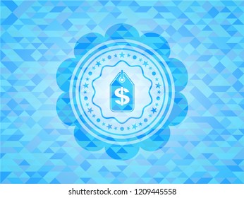 money tag icon inside light blue emblem. Mosaic background