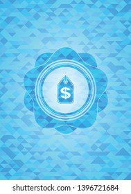 money tag icon inside light blue emblem with triangle mosaic background