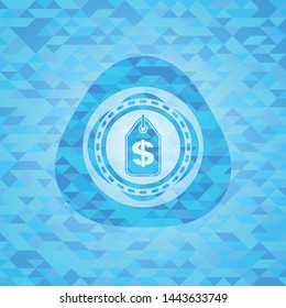 money tag icon inside light blue emblem. Mosaic background
