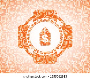 money tag icon inside orange tile background illustration. Square geometric mosaic seamless pattern with emblem inside.