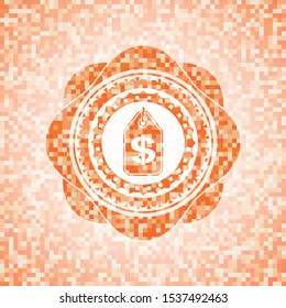 money tag icon inside orange tile background illustration. Square geometric mosaic seamless pattern with emblem inside.