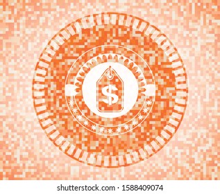 money tag icon inside orange tile background illustration. Square geometric mosaic seamless pattern with emblem inside.