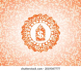 icono de la etiqueta de dinero dentro del emblema de mosaico naranja con fondo. 