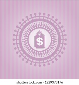 money tag icon inside pink emblem. Retro