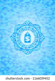 money tag icon inside realistic light blue emblem. Mosaic background