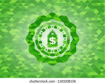 money tag icon inside realistic green mosaic emblem