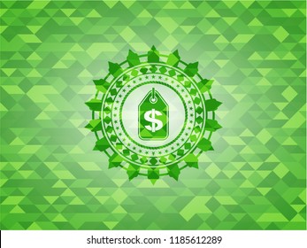 money tag icon inside realistic green mosaic emblem