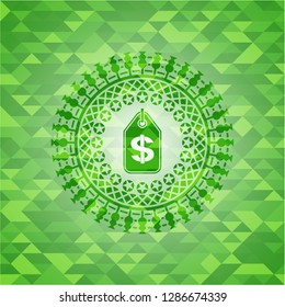 money tag icon inside realistic green mosaic emblem