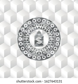 money tag icon inside realistic grey emblem with cube white background