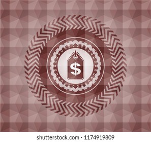 money tag icon inside red geometric pattern emblem. Seamless.