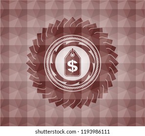 money tag icon inside red emblem with geometric background. Seamless.