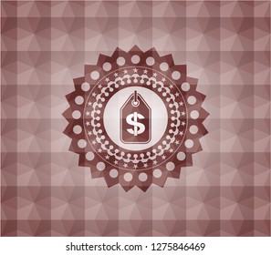 money tag icon inside red seamless geometric emblem.