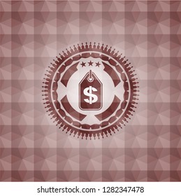 money tag icon inside red seamless emblem with geometric background.