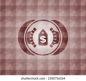 money tag icon inside red seamless emblem with geometric pattern background.