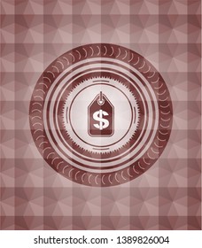 money tag icon inside red badge with geometric pattern background. Seamless.