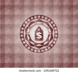 money tag icon inside red seamless geometric pattern emblem. Seamless.