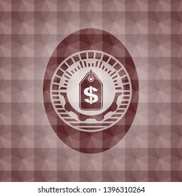 money tag icon inside red seamless emblem with geometric background.