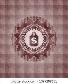 money tag icon inside red emblem with geometric pattern background. Seamless.