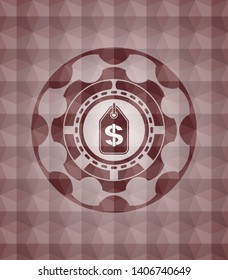 money tag icon inside red seamless badge with geometric pattern background.