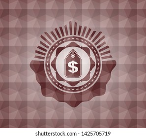 money tag icon inside red seamless emblem with geometric pattern.