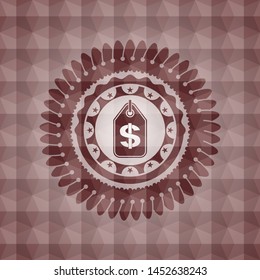 money tag icon inside red emblem with geometric background. Seamless.