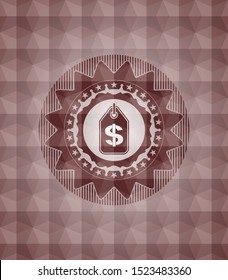 money tag icon inside red seamless emblem with geometric pattern.
