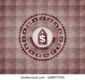money tag icon inside red seamless badge with geometric pattern background.