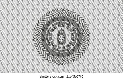 money tag icon inside silver badge or emblem. Scales pattern. Vector Illustration. Detailed. 