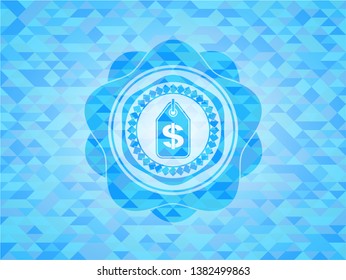 money tag icon inside sky blue emblem. Mosaic background