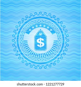 money tag icon inside water wave emblem background.