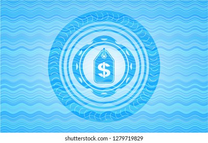 money tag icon inside water representation emblem background.