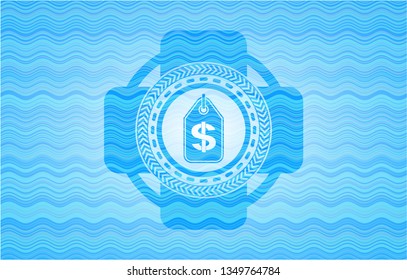 money tag icon inside water wave representation style emblem.