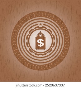 Icono de la etiqueta del dinero dentro del emblema de madera. Antiguas. 